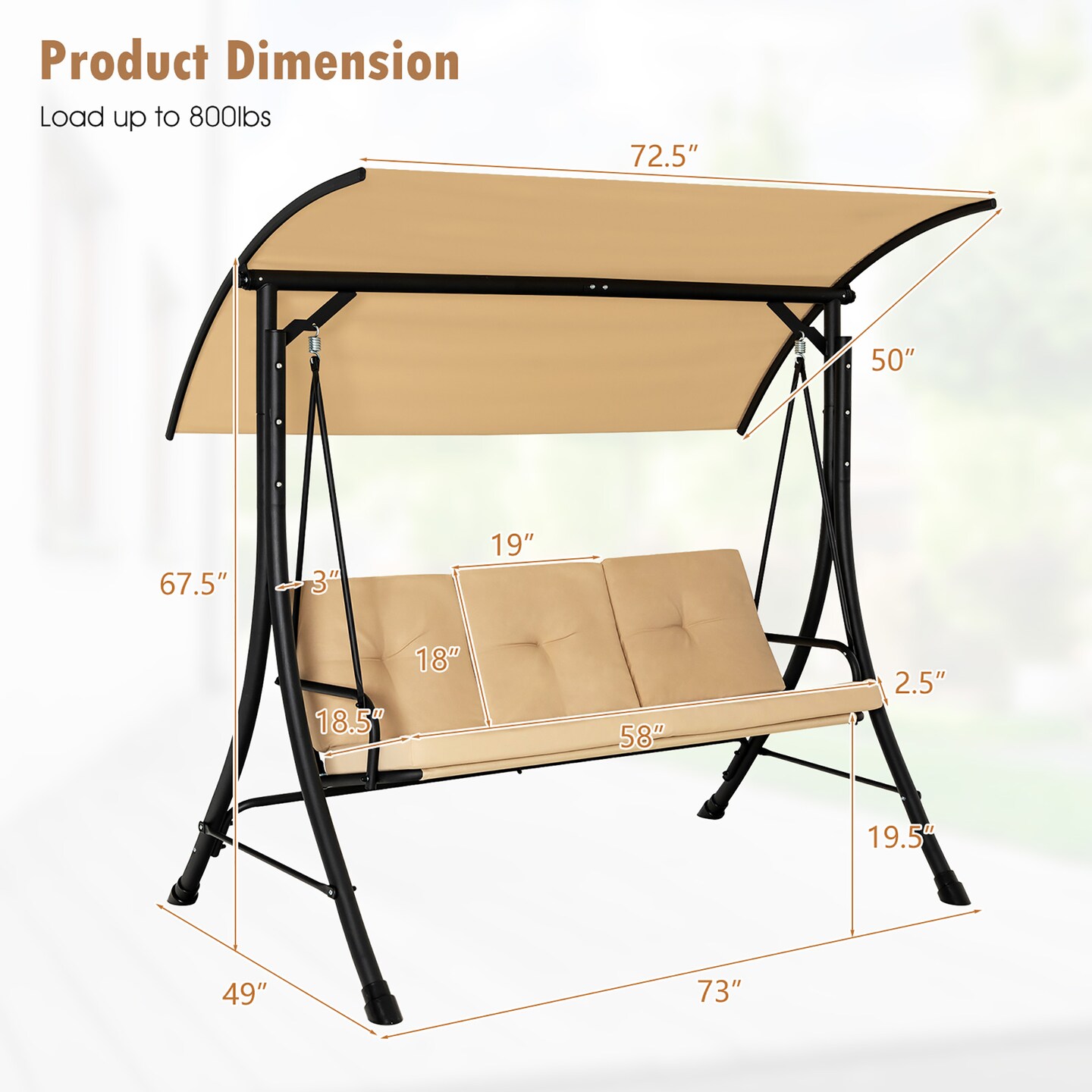 Costway 3-Seat Outdoor Porch Swing Adjustable Canopy Padded Cushions Steel Frame Beige/Black/Brown