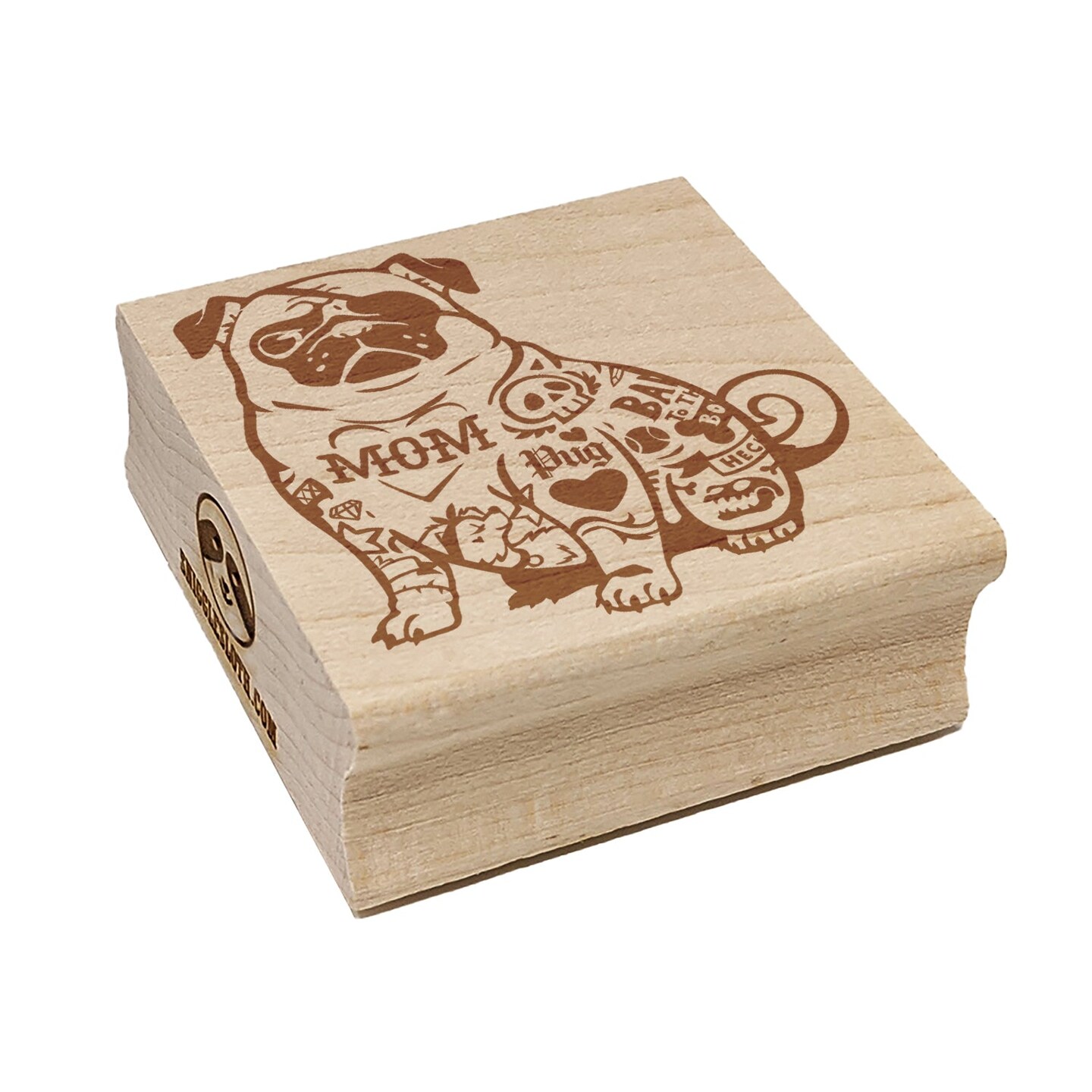Gangster Pug Dog with Tattoos and Eyepatch Square Rubber Stamp for Stamping Crafting