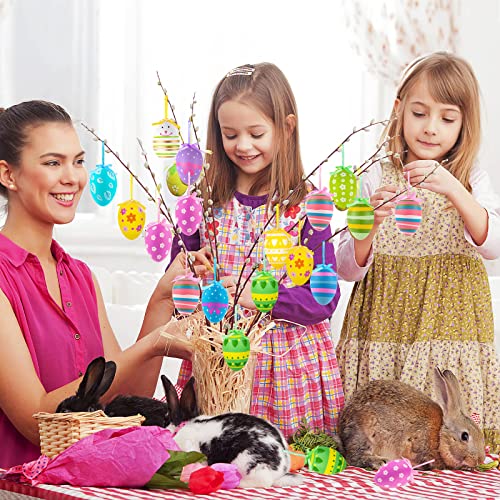 Easter Tree Ornaments, 24pcs Multicolored Hanging Plastic Easter Eggs Easter Tree Decorations Hanging Easter Eggs, Hand Painted Eggs Easter Ornaments for Tree Basket DIY Crafts Easter Party Favors