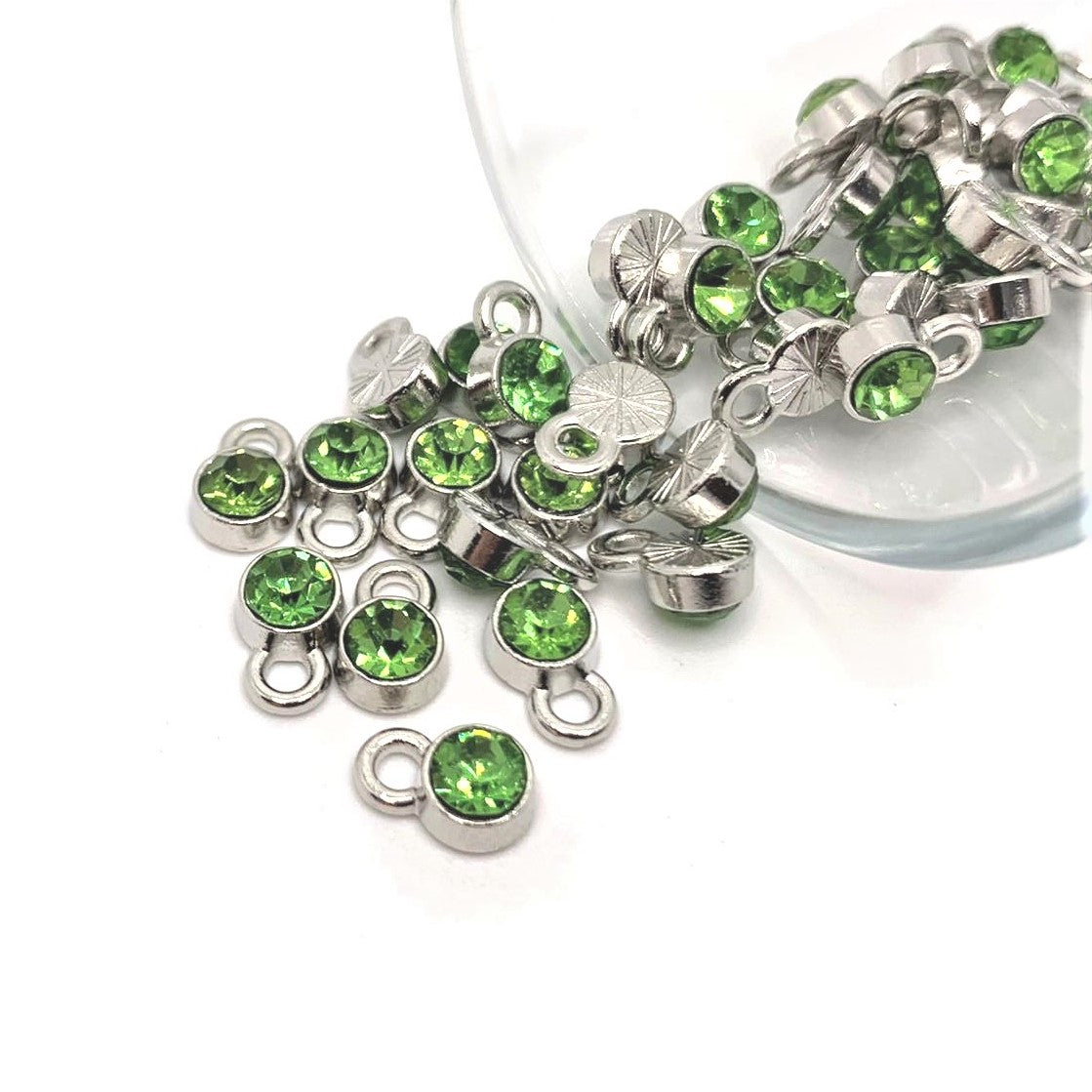 4, 20 or 50 Pieces: Small Light Green August Birthstone Rhinestone Charms