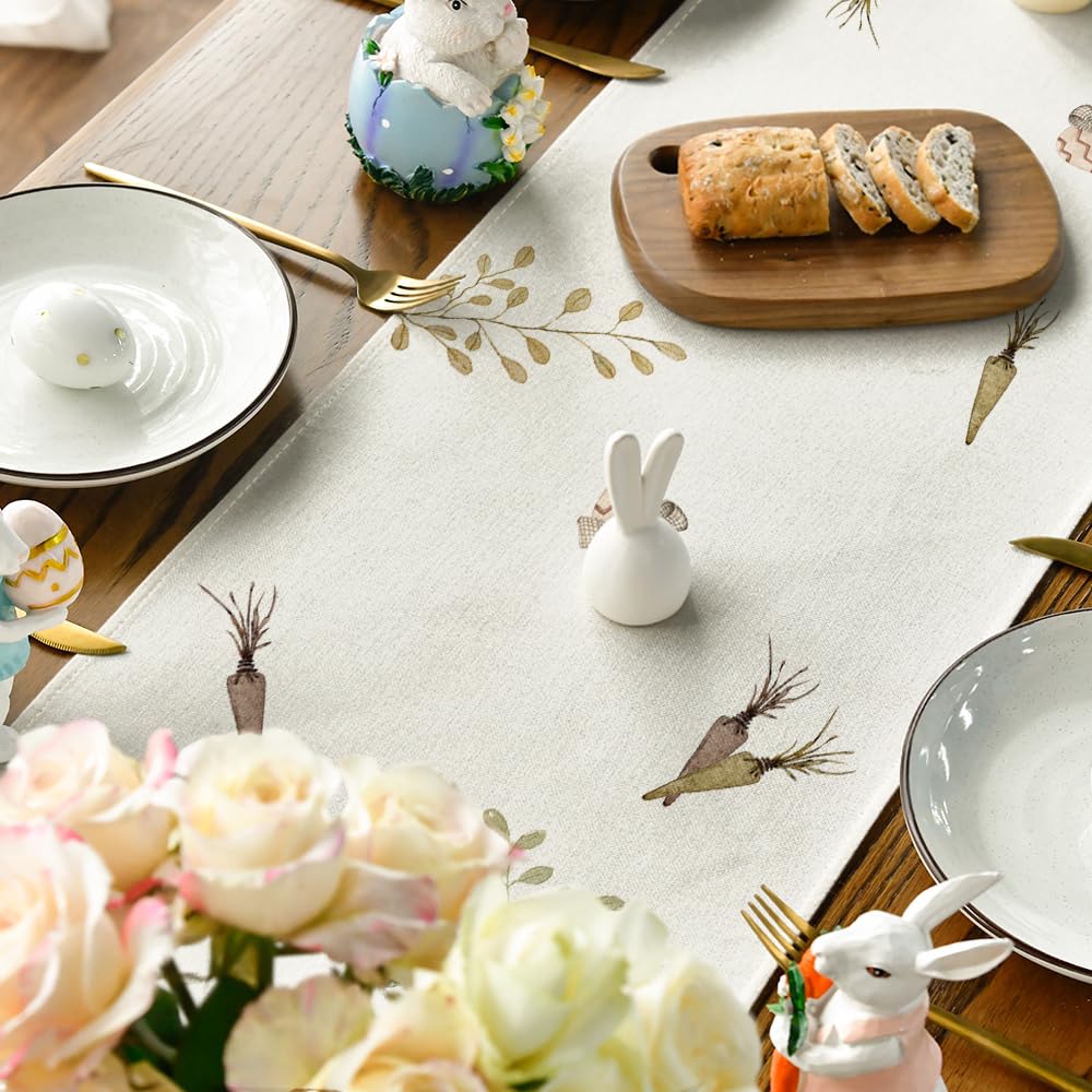 Artoid Mode Carrots Rabbit Bunny Happy Easter Table Runner, Spring Summer Seasonal Holiday Kitchen Dining Table Decoration for Indoor Outdoor Home Party Decor 13 x 72 Inch