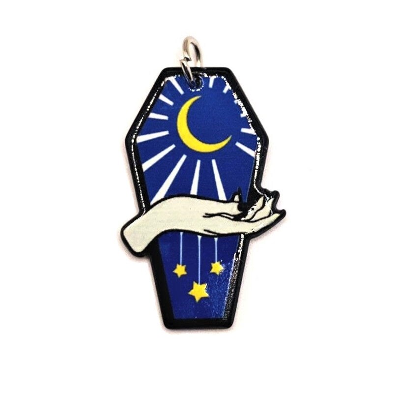 1, 4 or 20 Pieces: Blue Coffin with Crescent Moon Charms - Double Sided
