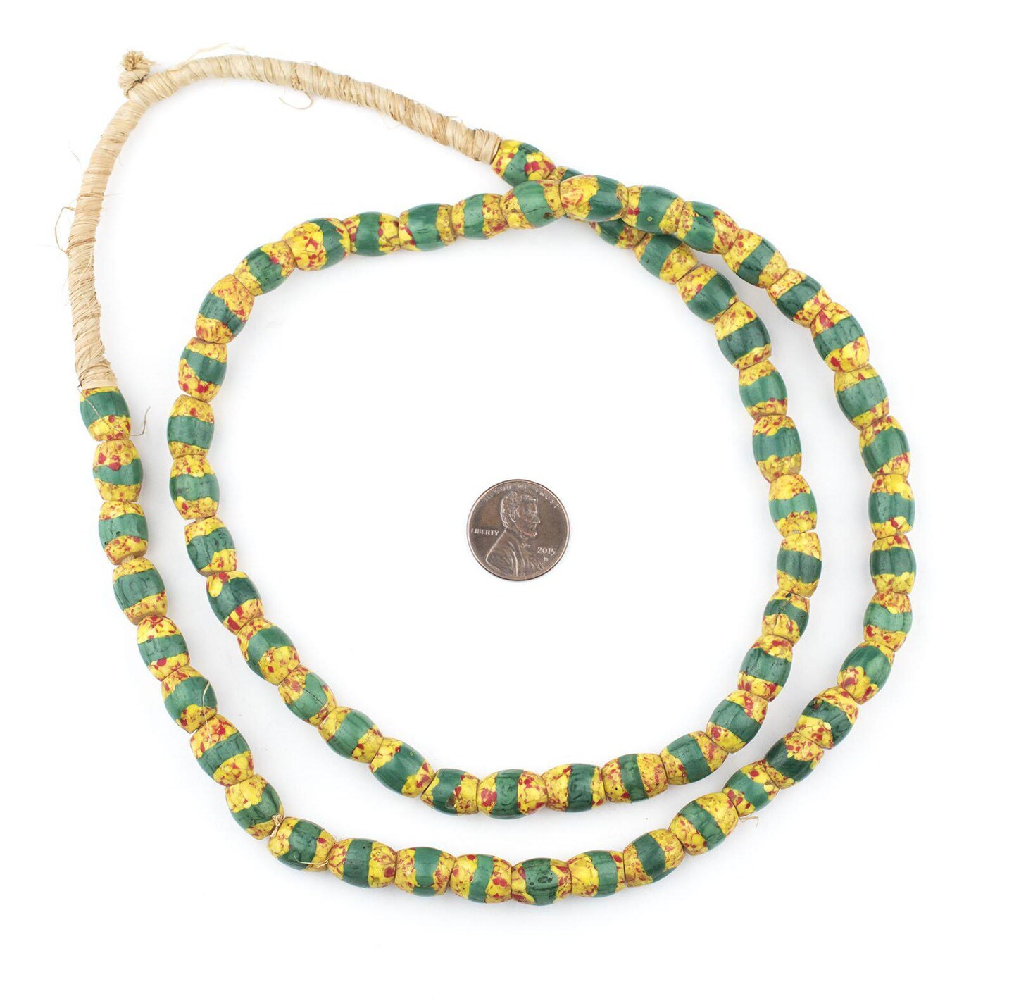 The Bead Chest Old Antique Venetian Yellow Oval Striped Trade Beads Green Stripe 9mm Ghana African Multicolor Glass Large Hole 32 Inch Strand