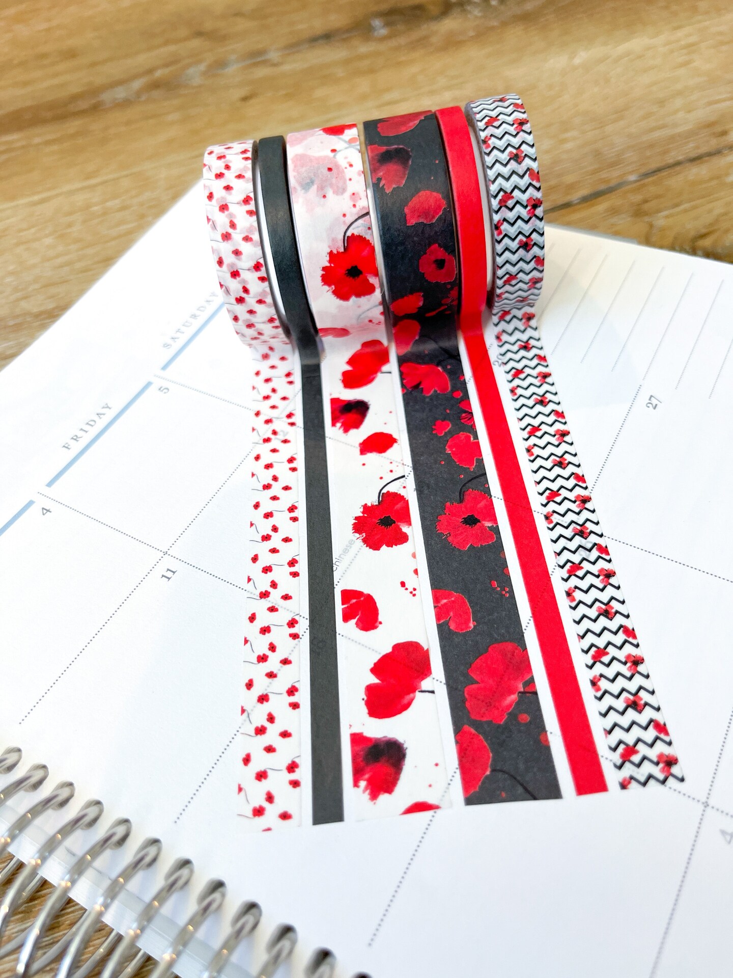 Poppies Red & Black Flowers Valentines Day Washi Tape Set (#W051)