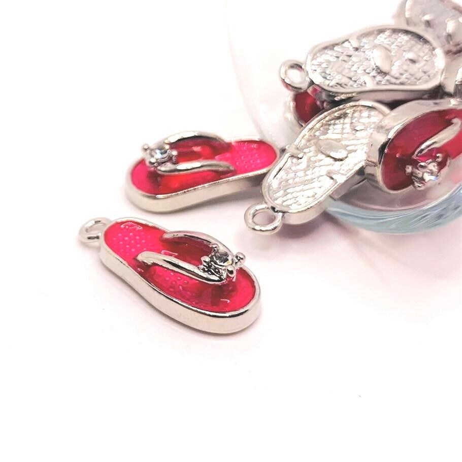 4, 20 or 50 Pieces: Pink Enamel Flip Flop Sandal 3D Charms with Rhinestone