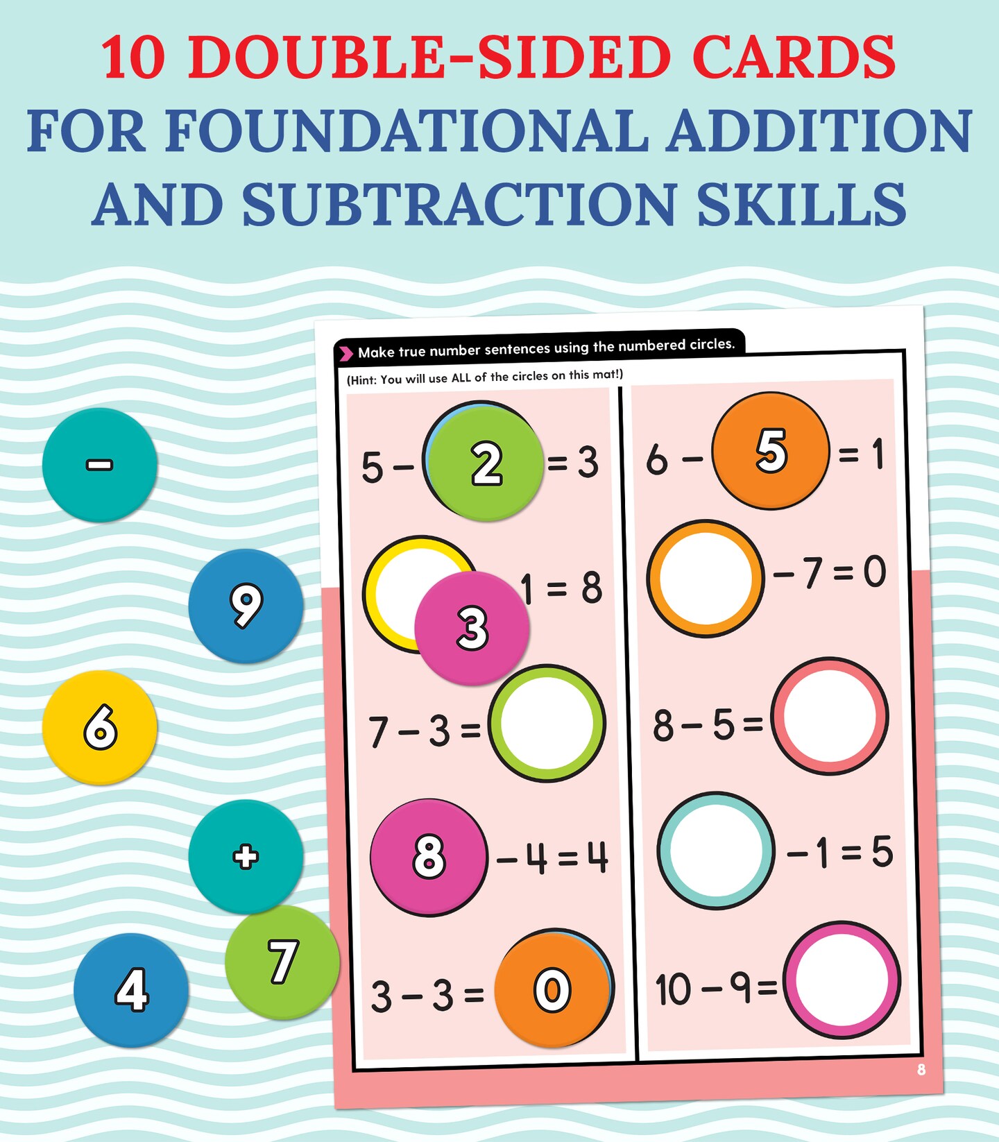 Carson Dellosa Edu-Clings Silicone Center Number Sentence Manipulative&#x2014;Grades K-2 Dry-Erase Mats, Number and Operation Sign Manipulatives for Addition and Subtraction (22 pc)