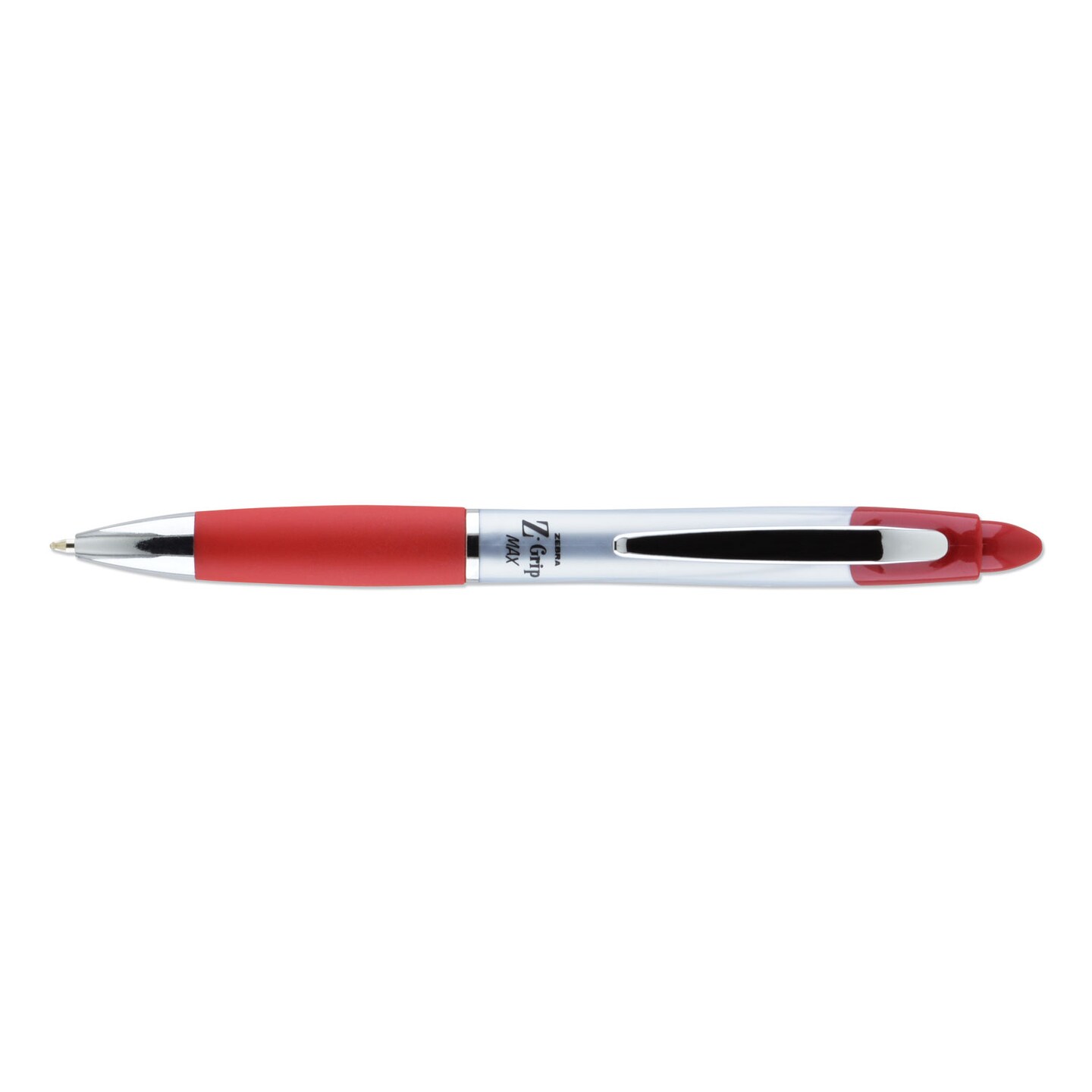 Zebra Pen Z-Grip MAX Retractable Ballpoint Pen, Medium 1mm, Red Ink, Silver Barrel, Dozen