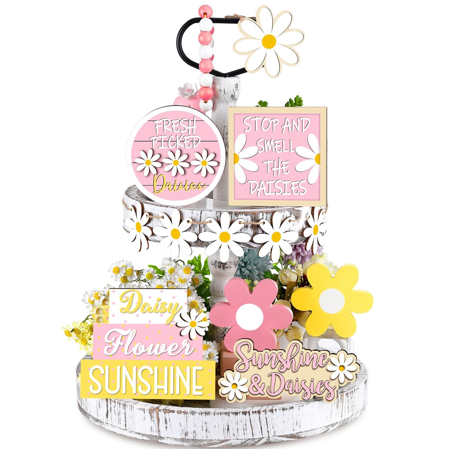 12 Pieces Valentine's Day Tiered Tray Decor Set Valentines Heart Wood Sign Gnome Truck Rustic Farmhouse Tray Signs Table Decor for Romantic Valentine's Day Home Kitchen(Daisy, 12 Pcs)