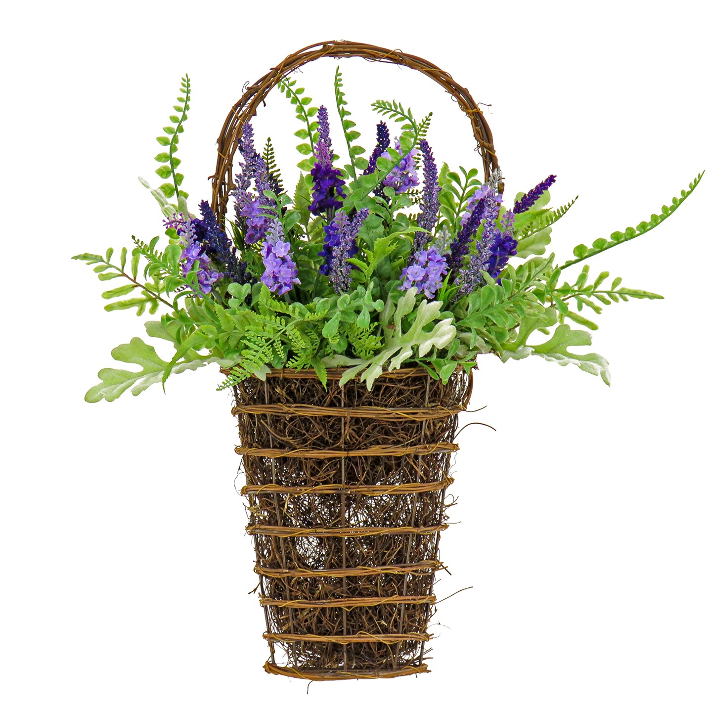 National Tree Company Artificial Hanging Wall Basket, Wicker Base, Decorated with Astilbe Flowers, Ferns, Leafy Greens, Spring Collection, 20 Inches
