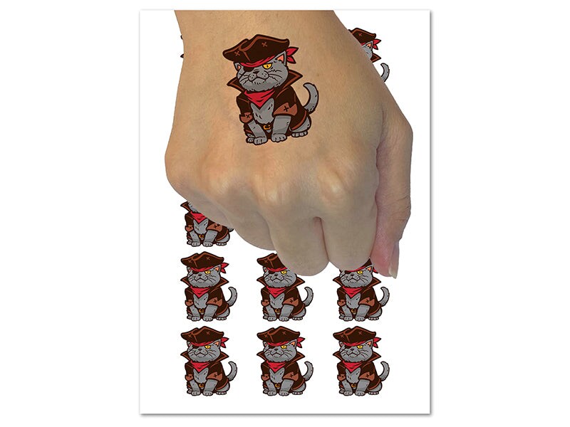 Captain Pirate Cat Temporary Tattoo Water Resistant Fake Body Art Set Collection (1 Sheet