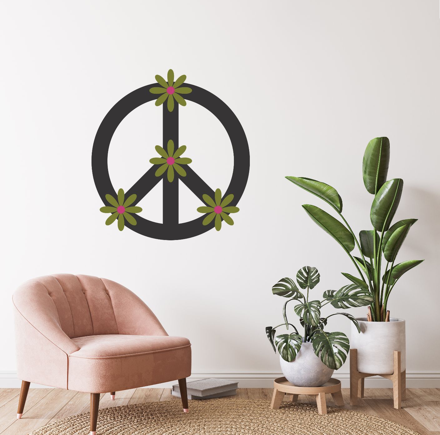 Modern Wall Decals, Floral Peace Sign Decal, Removable Dorm Room Decor ...