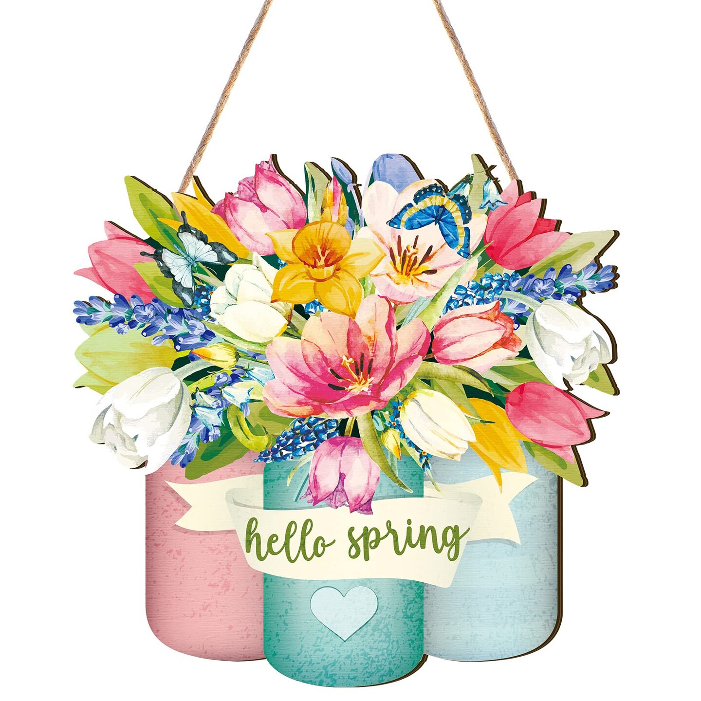 Spring Welcome Sign Wood Front Door Decor Hanging Outdoor Wooden Decorations for Farmhouse Porch Decoration (Flower Style)
