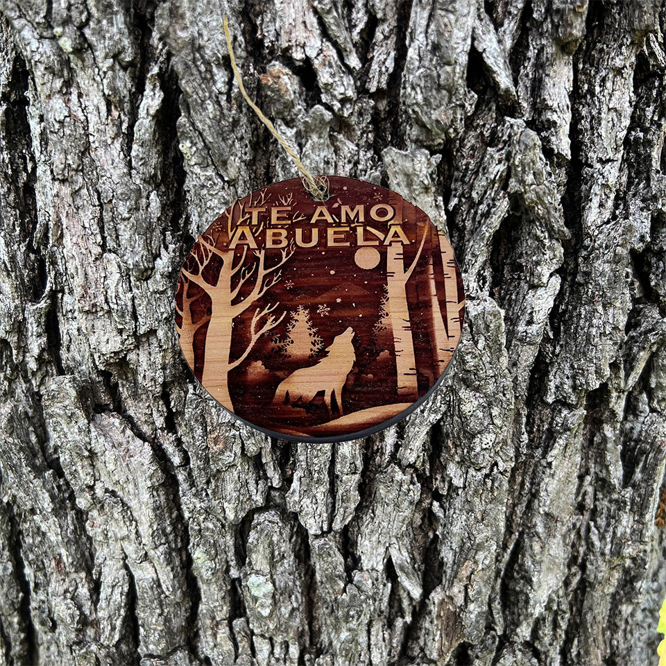 Te Amo Abuela Winter Wolf - Cedar Ornament Te Amo Abuela Winter Wolf - Cedar Ornament