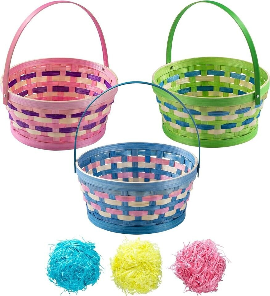 3 Pcs Easter Woven Bamboo Basket with Tricolor Grass Paper Shred
