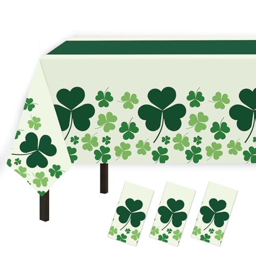 3 Pack Disposable Plastic 54" x 108" St Patricks Day Decorations, Shamrock Patterned Spring St Patricks Party Table Cloth for Dining Room Kitchen Decor
