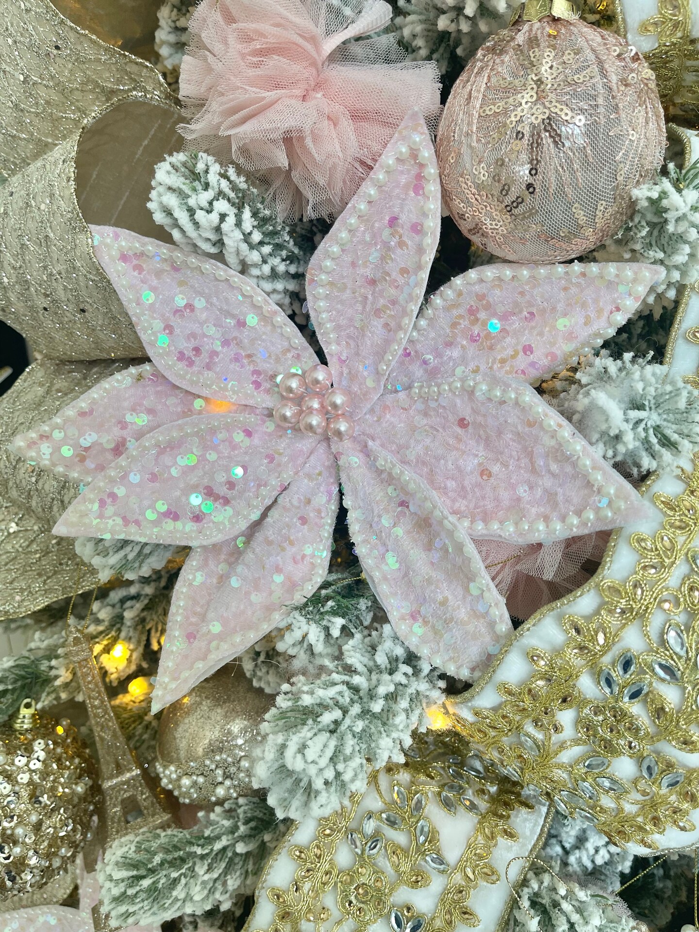 Baby Pink Multicolored Poinsettia Flower with Sequins and Pearls Set of 3 Christmas Flower