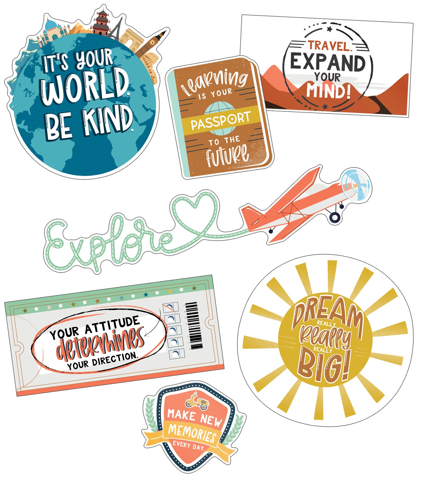 Carson Dellosa Let's Explore 16-Piece Inspirational Bulletin Board Cutouts, Motivational Wall Decor, Travel Theme Classroom Decorations, World Travel Wall Decor, Bulletin Board Set