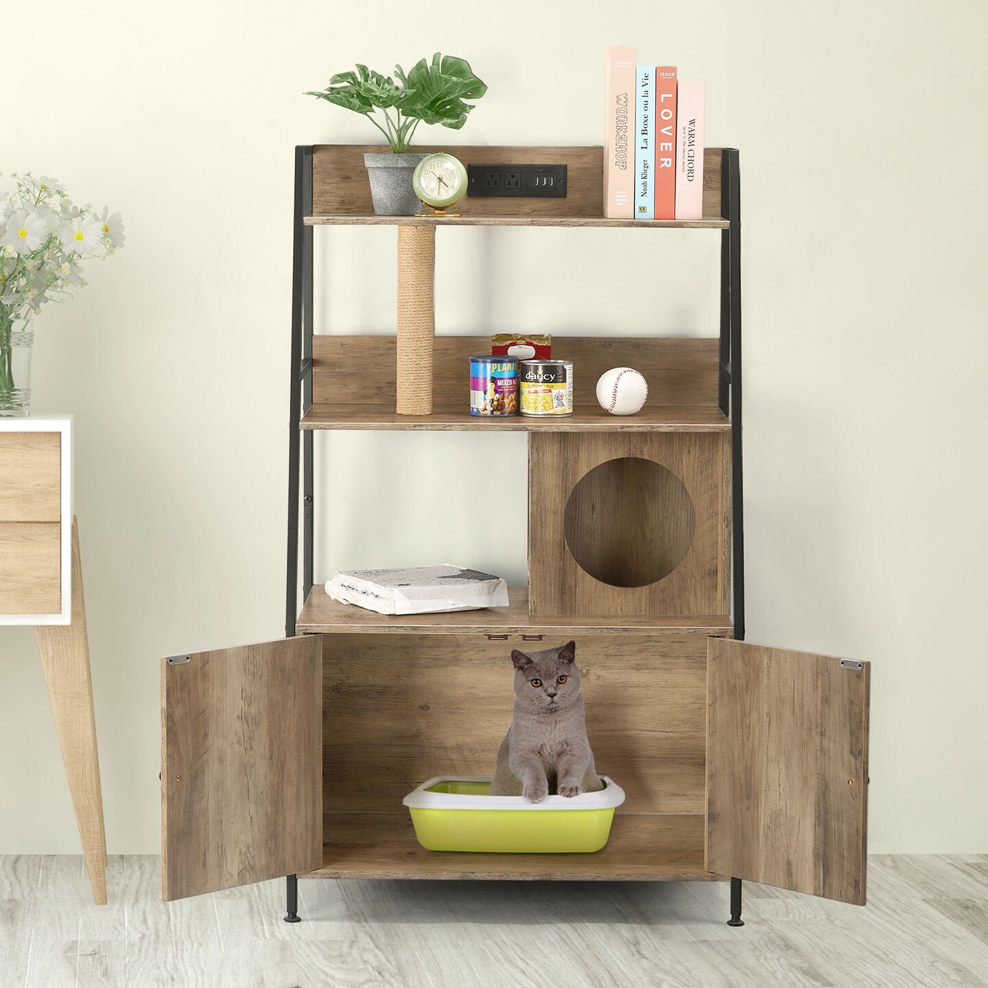 Litter Box Enclosure with Storage Shelves