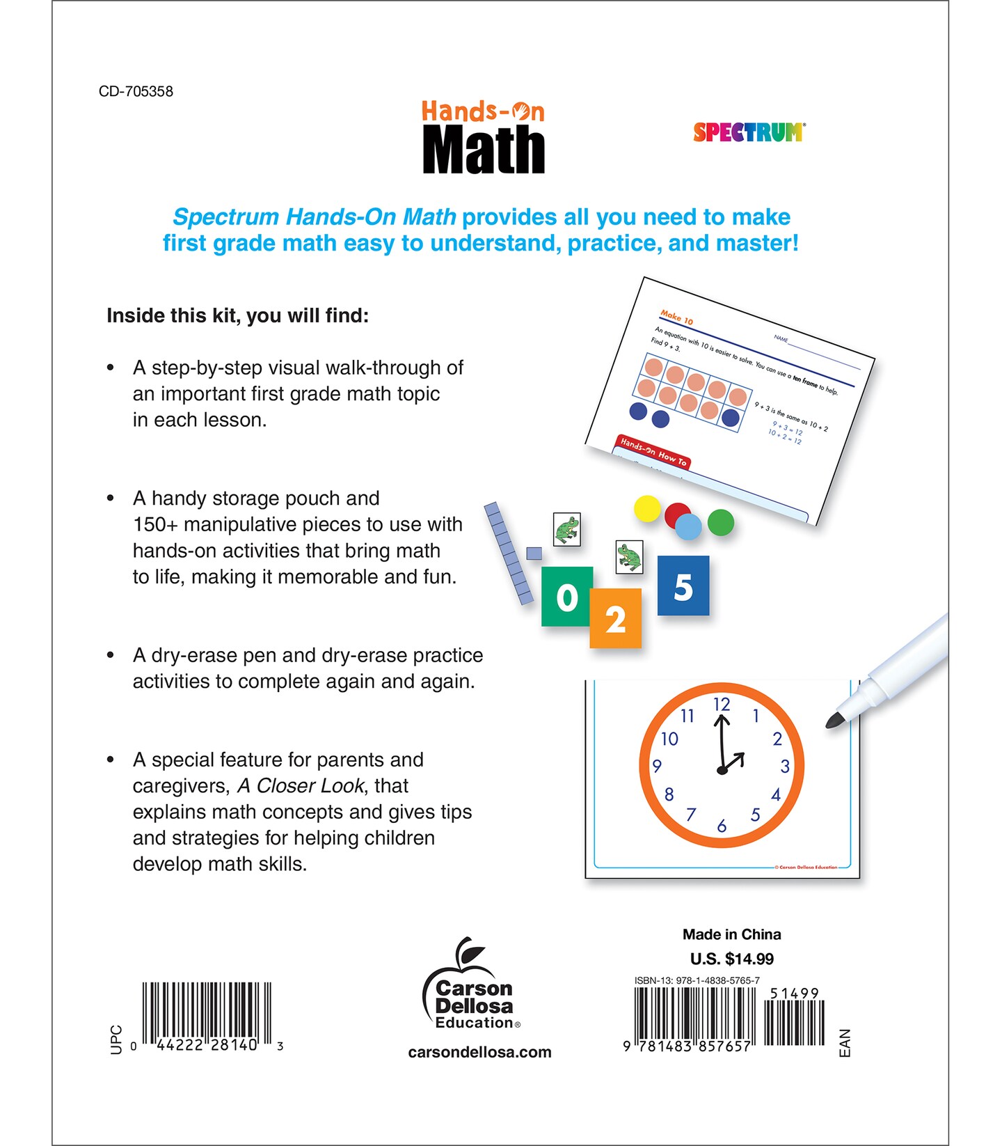 Spectrum 1st Grade Hands-On Math Workbook, Ages 6 to 7, Grade 1 Hands-On Math, Dry Erase Addition, Subtraction, Place Value, Graphs, and Geometry Workbook With Dry Erase Pen - 96 Pages