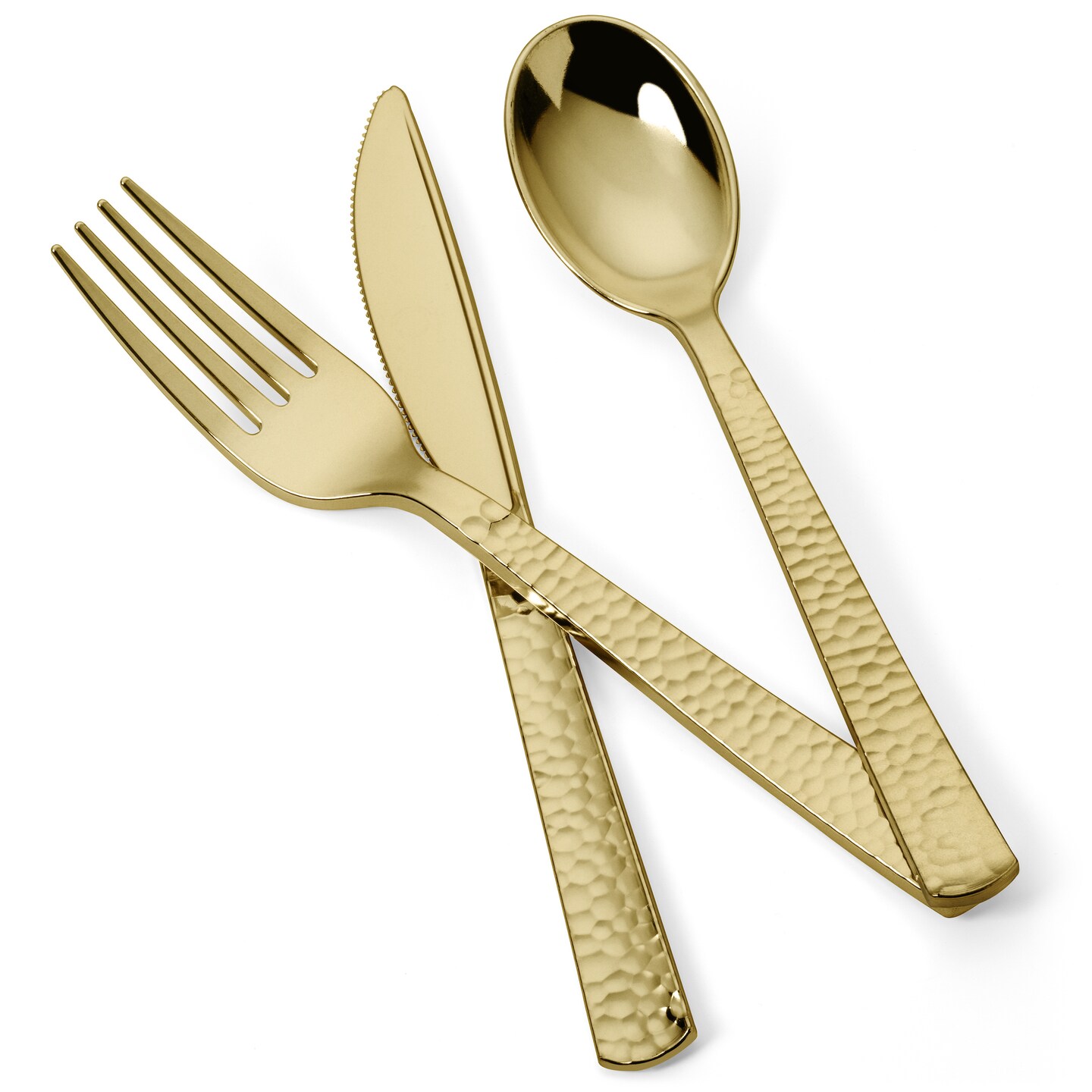150 Piece Gold Hammered Finish Plastic Cutlery Utensil Set - Metallic Plastic Silverware Set (50 Sets)