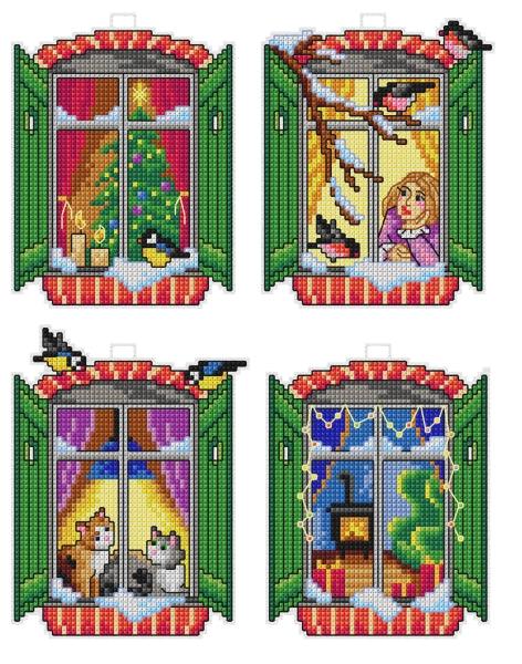 Counted cross stitch kit with plastic canvas &#x22;Winter windows&#x22; set of 4 designs 7674