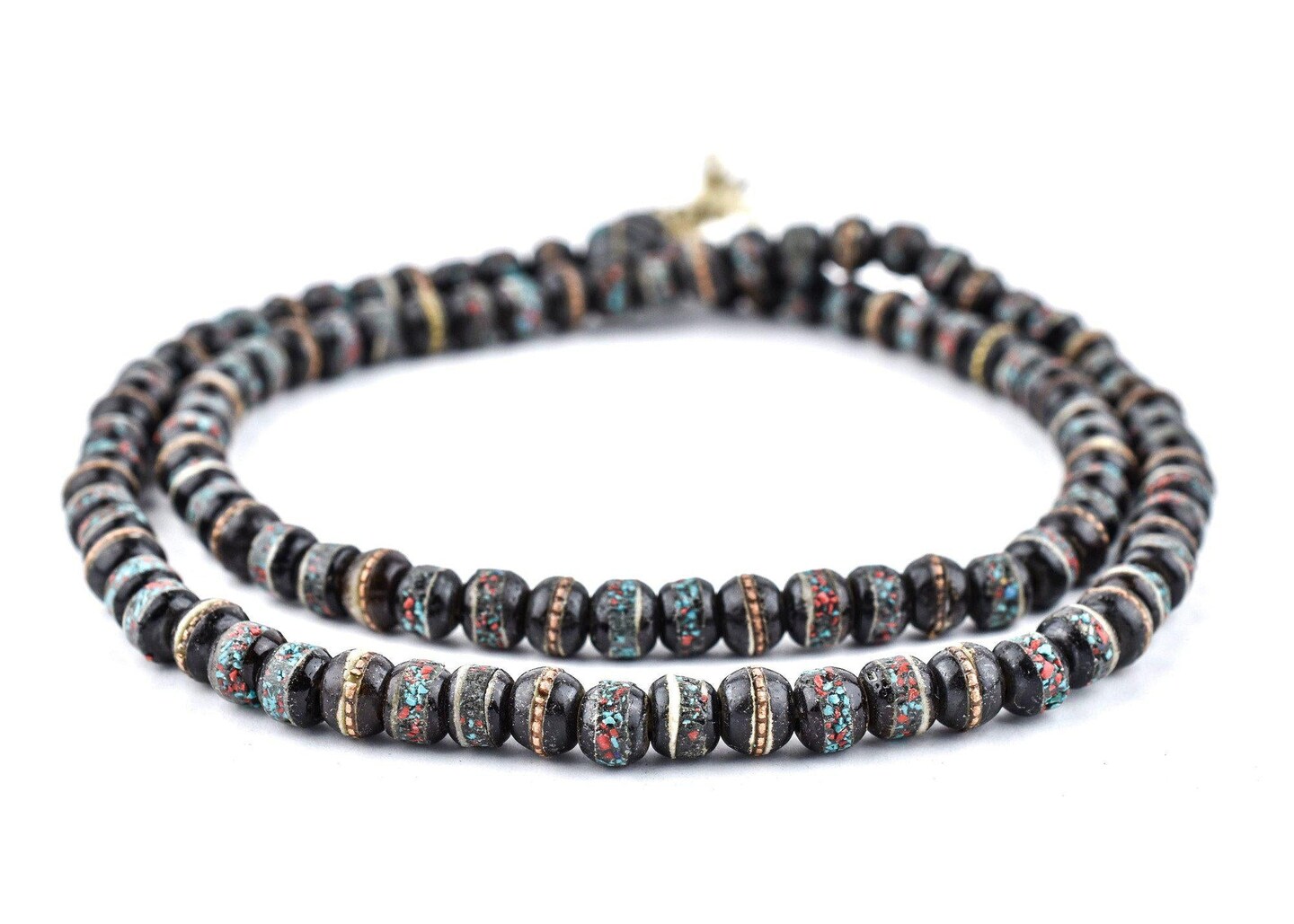 The Bead Chest Black Speckled Inlaid Bone Mala Beads 8mm Nepal Multicolor Round Large Hole 28 Inch Strand