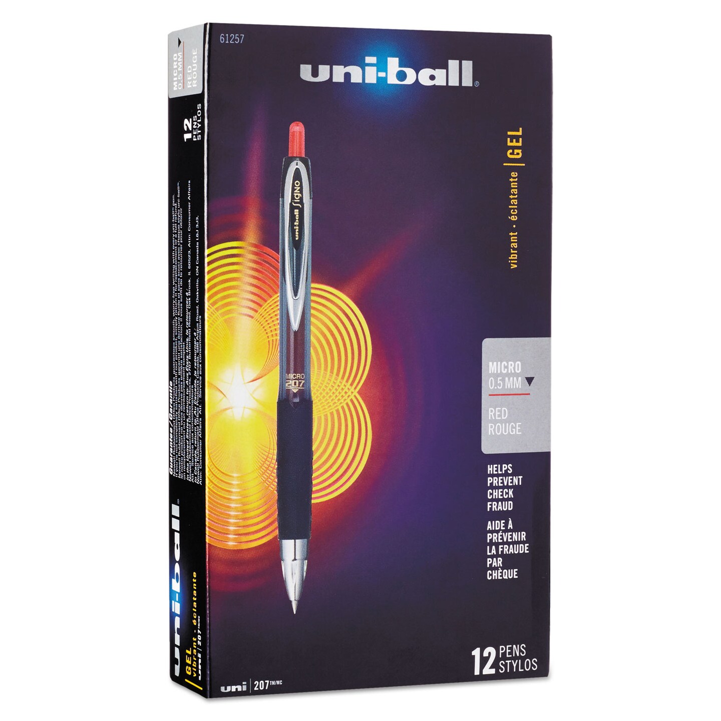 Uni-Ball Signo 207 Retractable Gel Pen, Micro 0.5mm, Red Ink, Smoke/Black/Red Barrel, Dozen