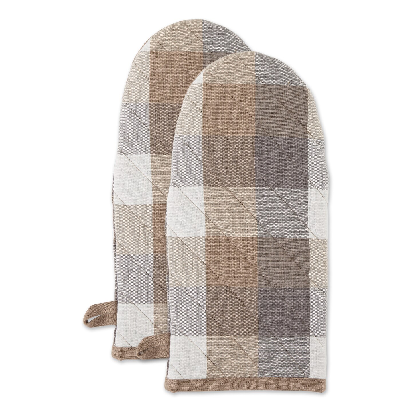 Contemporary Home Living Checkered Oven Mitts - 13&#x22; - Brown and Gray - Set of 2