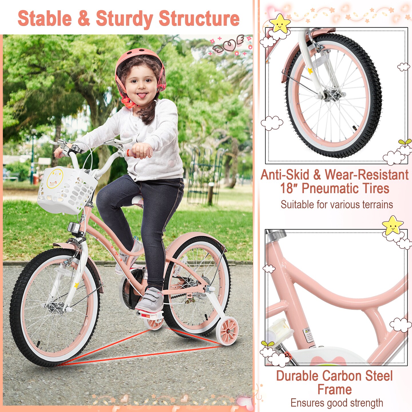 Babyjoy 18 Inch Kid Bike 95% Pre-Assembled Girls Bicycle with Training Wheels &#x26; Basket Age 6-9 Years Old Pink/Purple