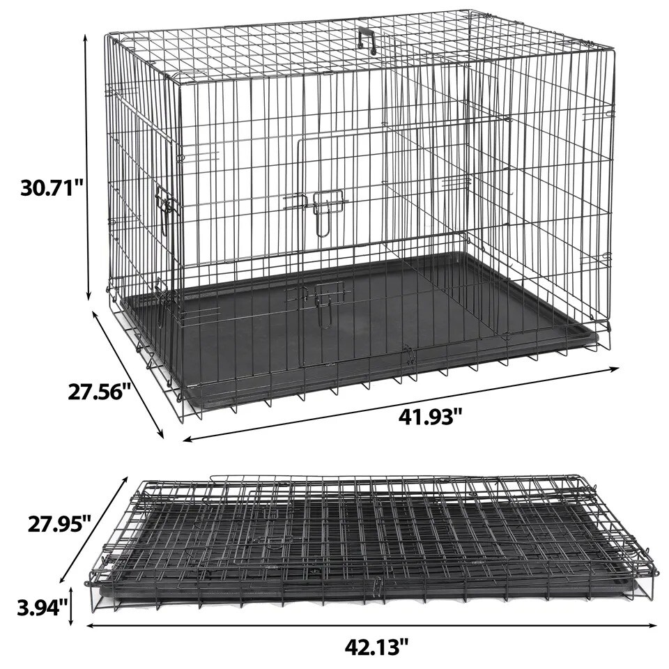 42&#x22; Dog Crate Kennel Folding Metal Pet Cage Double Doors With Tray Pan Indoor