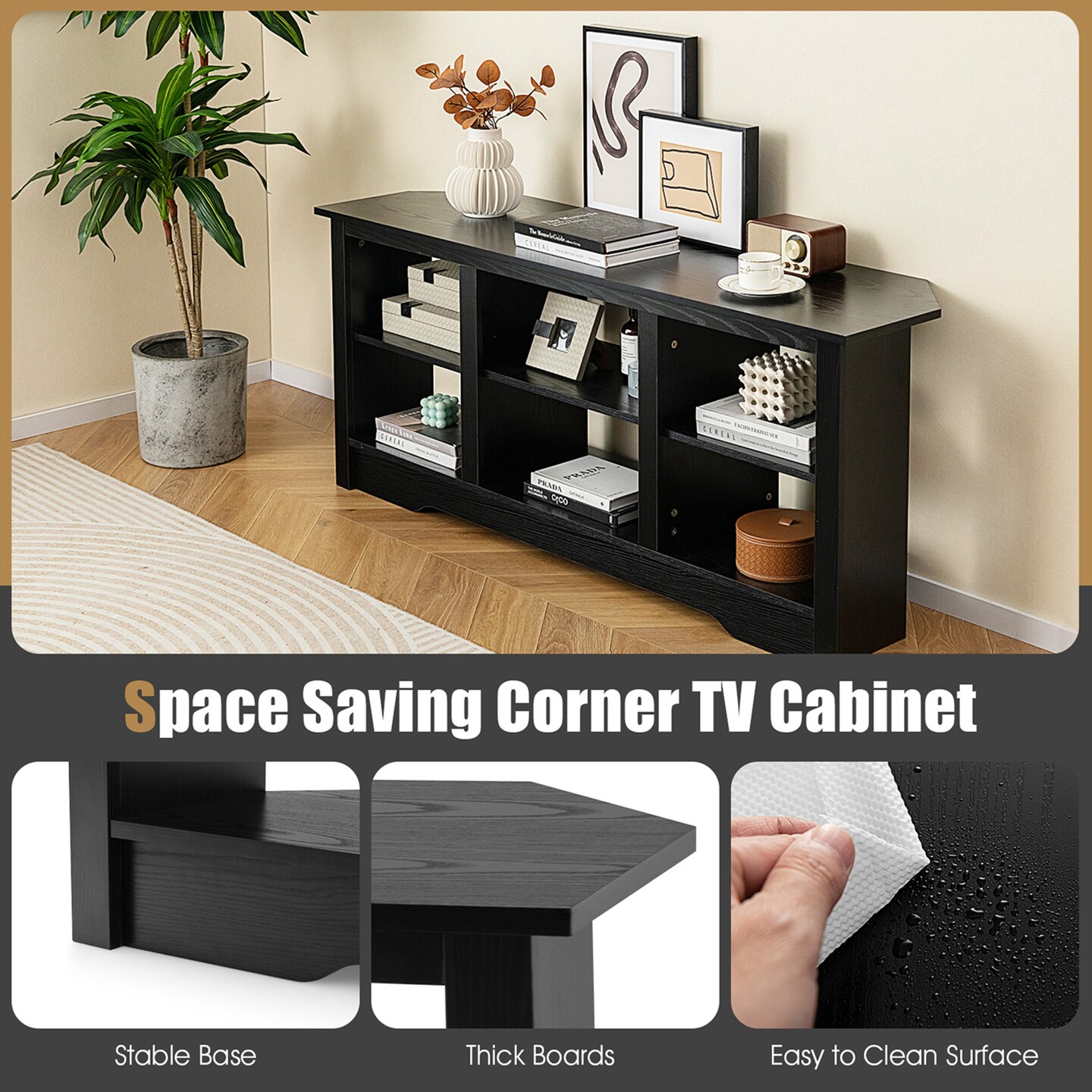 Costway 58&#x22; TV Stand with 6 Open Storage Shelves Shelf for 18 inch Fireplace(not included) Black/Grey