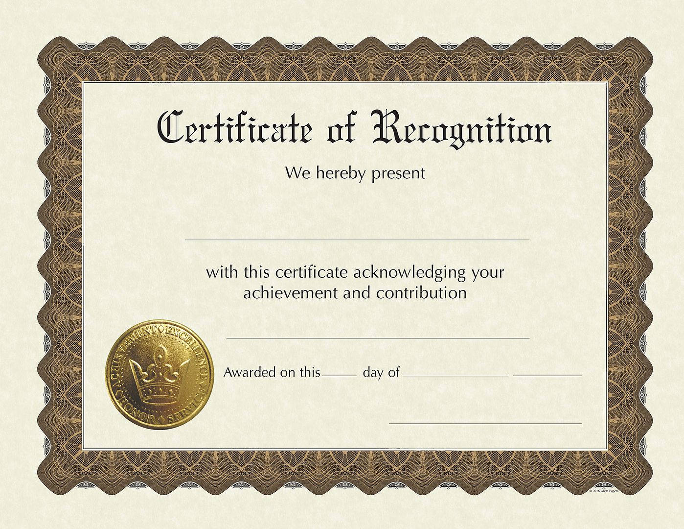 Great Papers! Parchment Stock Fill-In Certificates with Metallic Border, Recognition, 8.5&#x22; x 11&#x22;, Not Printer Compatible, 6 Count