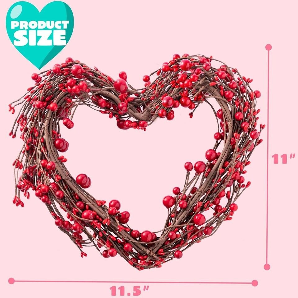 Valentine&#x27;s Day Heart Wreath Handmade Red Berry Heart Shaped Door Wreath Decor