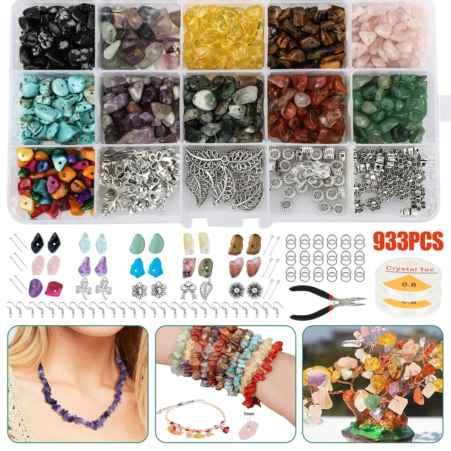 933PCS Chips Stone Beads Natural Gemstone Beads DIY Jewelry Necklace Making Kit