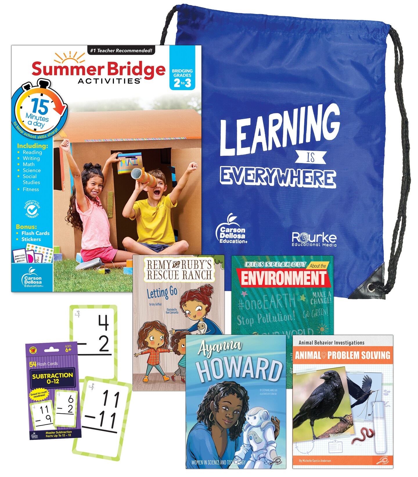 Summer Bridge Activities 2-3 Bundle, Ages 7-8, Math, Language Arts, and Science Summer Learning 3rd Grade Workbooks All Subjects, Subtraction Math Flash Cards, Children&#x27;s Books, and Drawstring Bag