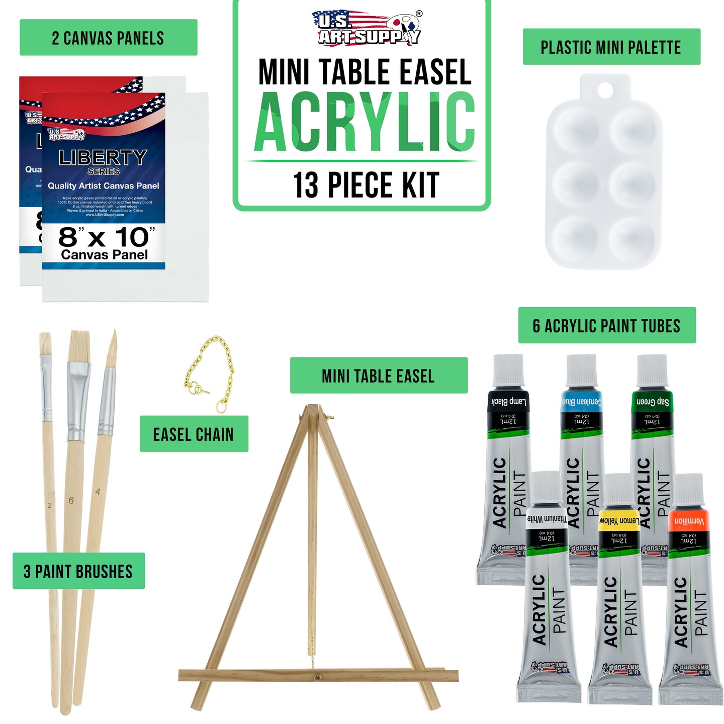 U.S. Art Supply 13-Piece Artist Painting Set with 6 Vivid Acrylic Paint Colors, 12&#x22; Easel, 2 Canvas Panels, 3 Brushes, Painting Palette - Beginners