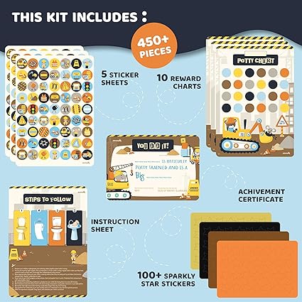 Potty Training Chart for Kids | Great for Toddlers Boys &#x26; Girls | Potty Training Rewards with Glitter Stars | Potty Sticker Chart | Potty Chart for Toddlers Boys and Girls | Construction Potty Chart&#x2026;