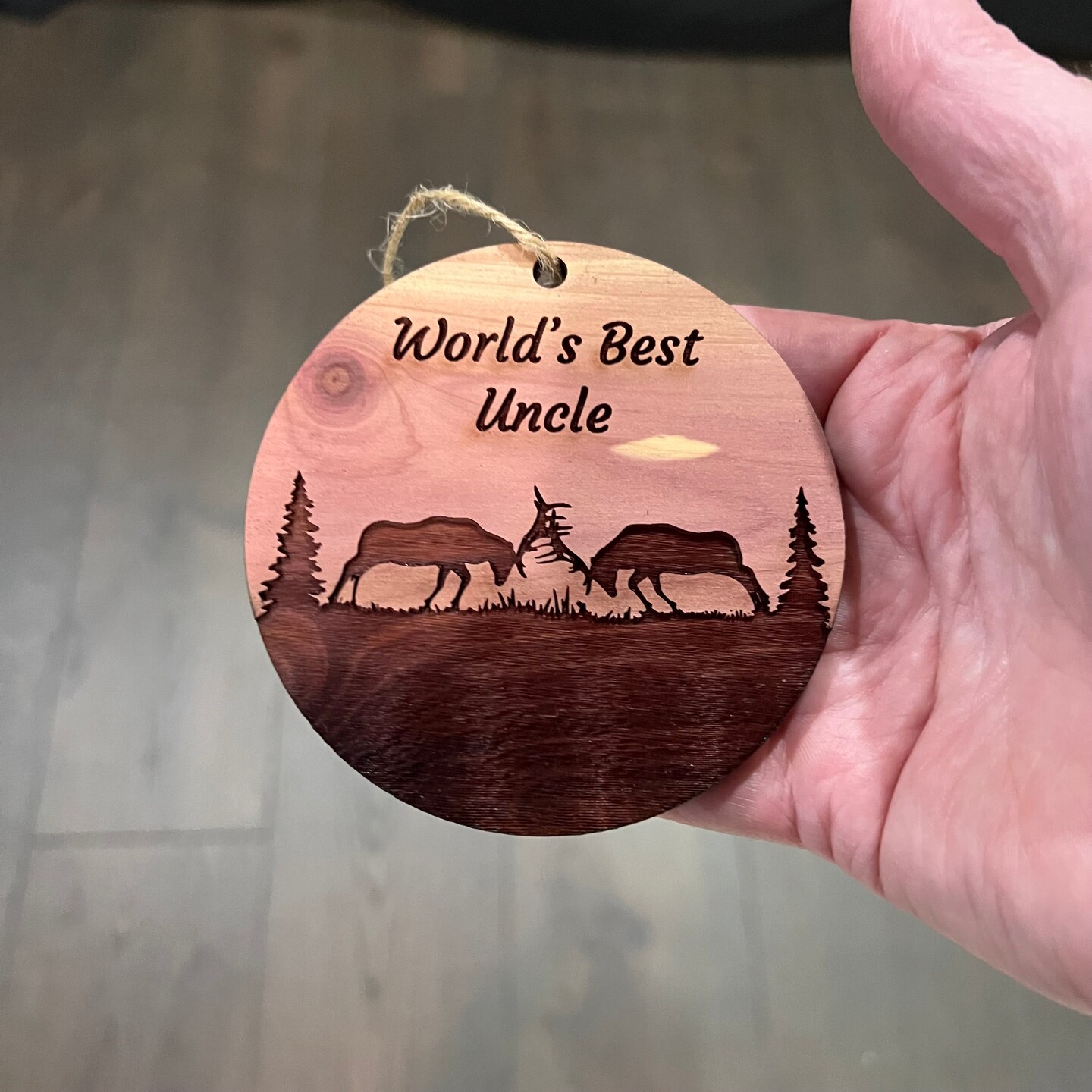 Worlds Best Uncle Elk Battle - Cedar Ornament Worlds Best Uncle Elk Battle - Cedar Ornament