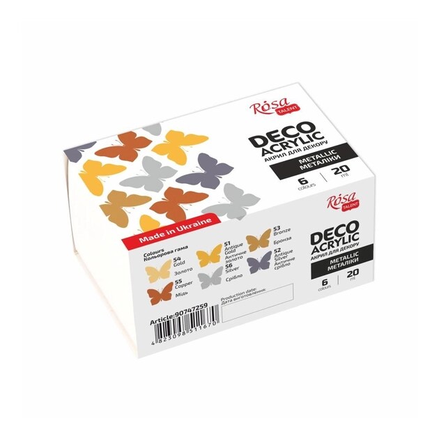 Metallic Decorative Acrylic Paint Set, 6 colors (20ml each) by Rosa Start