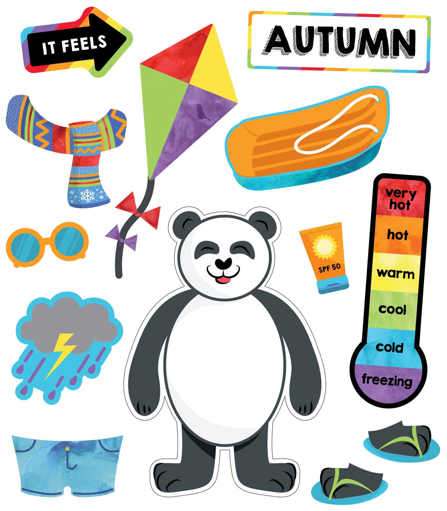 Carson Dellosa 56 pc Bundle of Dress for the Weather Bulletin Board Decorations, Panda Bear With Seasonal Accents and Clothes, Days of the Week Chart, Circle Time Learning Center and Classroom Decor