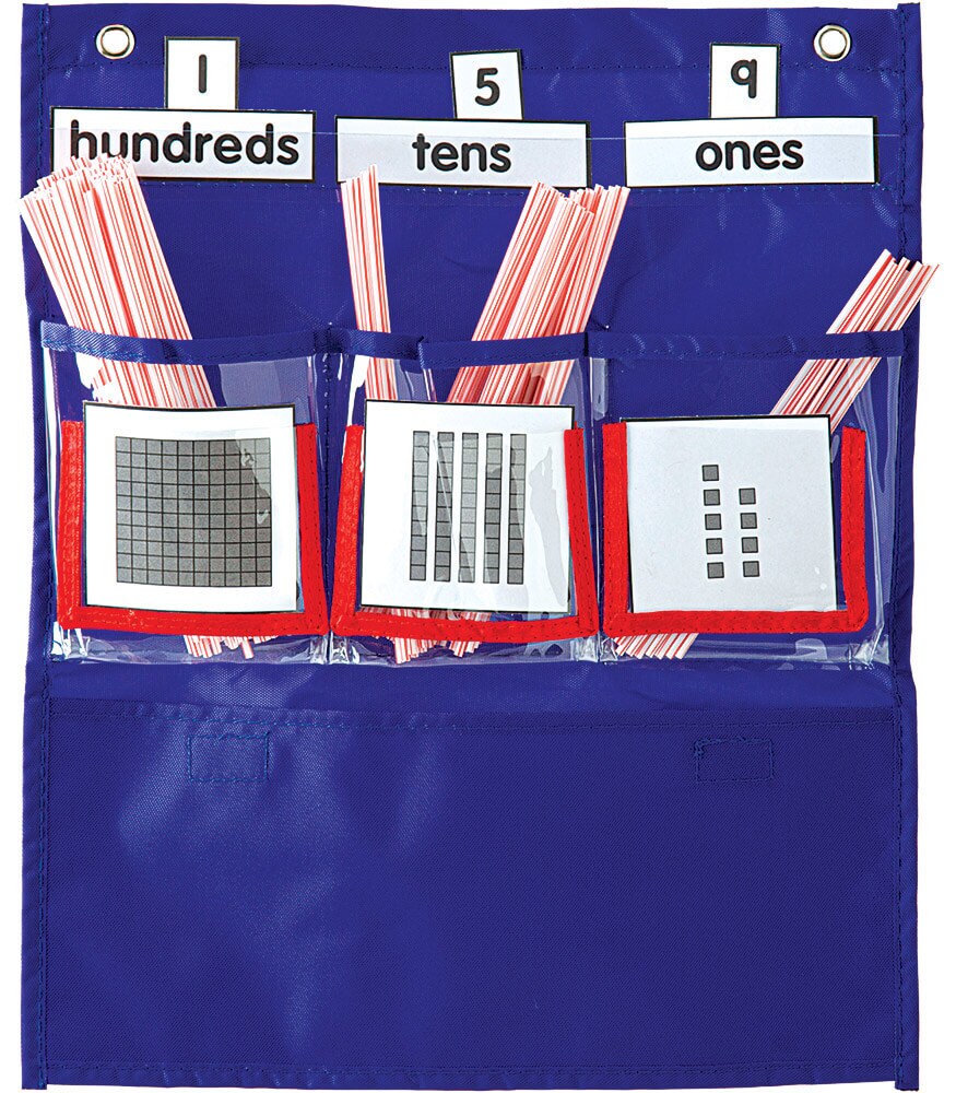 Carson Dellosa 12.75" x 15.25" Blue Deluxe Math Pocket Chart, Counting Caddy With Number, Base Ten, and Blank Cards, Straw Place Value Manipulatives, Homeschool and Classroom Organization