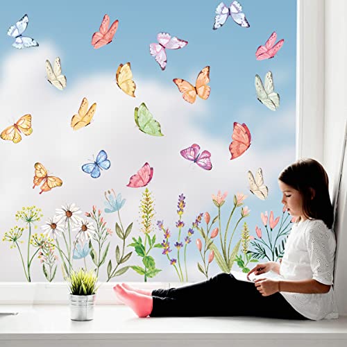 50 Pieces Spring Summer Window Cling Sticker, Watercolor Wild Flowers Butterfly Floral for Home Party Supplies Shop Window Glass Display Decoration
