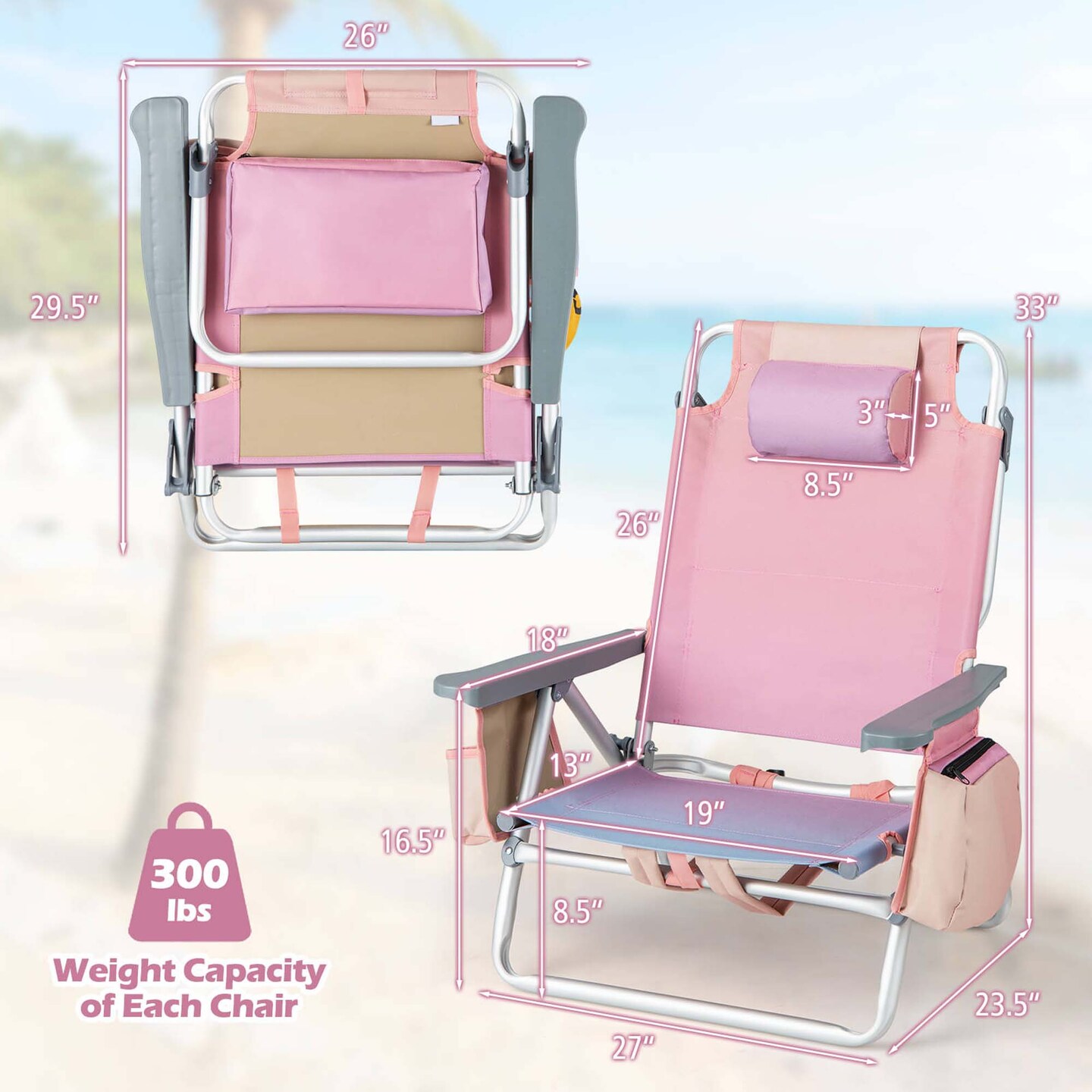 2-Pack Folding Backpack Beach Chair 5-Position Outdoor Reclining Chairs with Pillow Blue/Pattern/Pink/Yellow/Dark Pink/Dark Green/Dark Blue