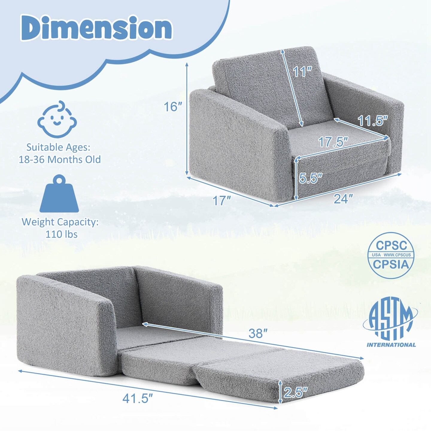 Honeyjoy 2-in-1 Toddler Fold out Couch Children&#x2019;s Convertible Sofa to Lounger Grey