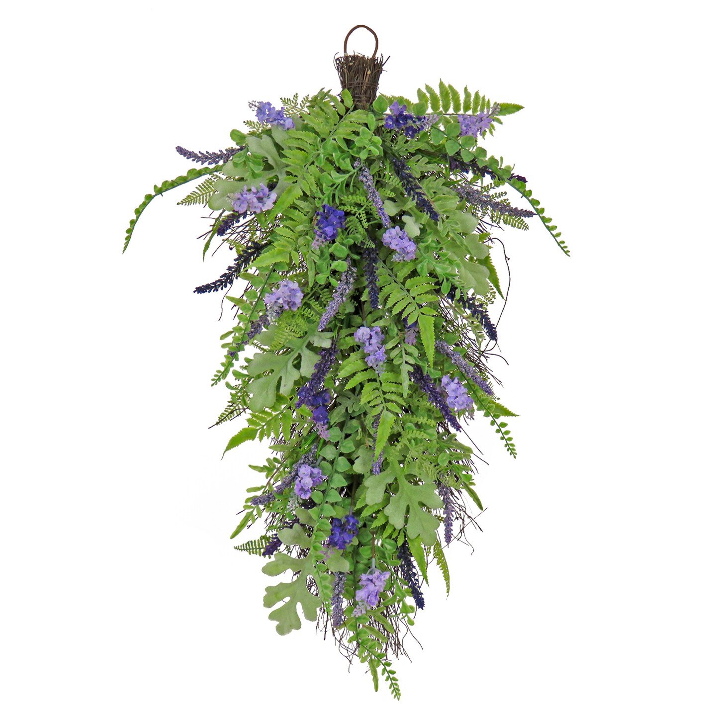 National Tree Company Artificial Spring Teardrop Hanging Decoration, Woven Branch Base, Decorated with Astilbe Flower Blooms, Ferns, Leafy Greens, Spring Collection, 30 Inches