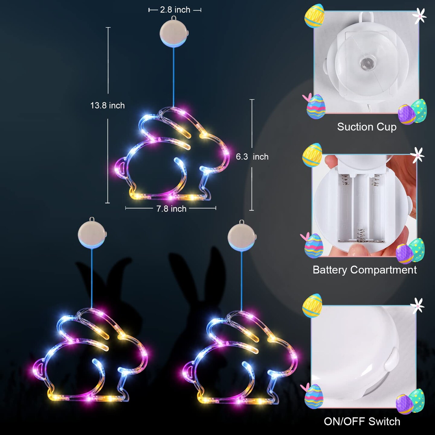 3 Pieces Easter Window Lights, Easter Bunny Shaped Multicolor Battery Operated Hanging String Lights with Suction Cup, for Easter Window Decorations, Indoor, Home, Farmhouse Decor