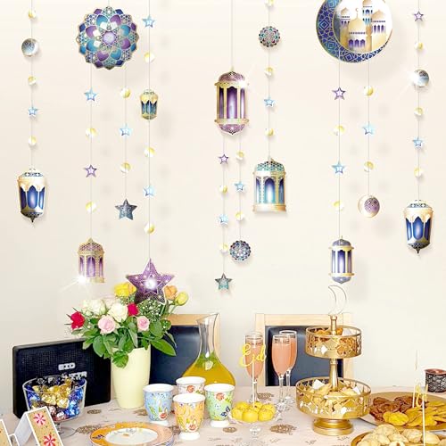 Purple Blue Gold Ramadan Mubarak Garland Kit Lantern Crescent Moon Star EID Party Decoration Hanging EID Banner Streamer Decorations Islamic Birthday Bday Wedding Party Supplies