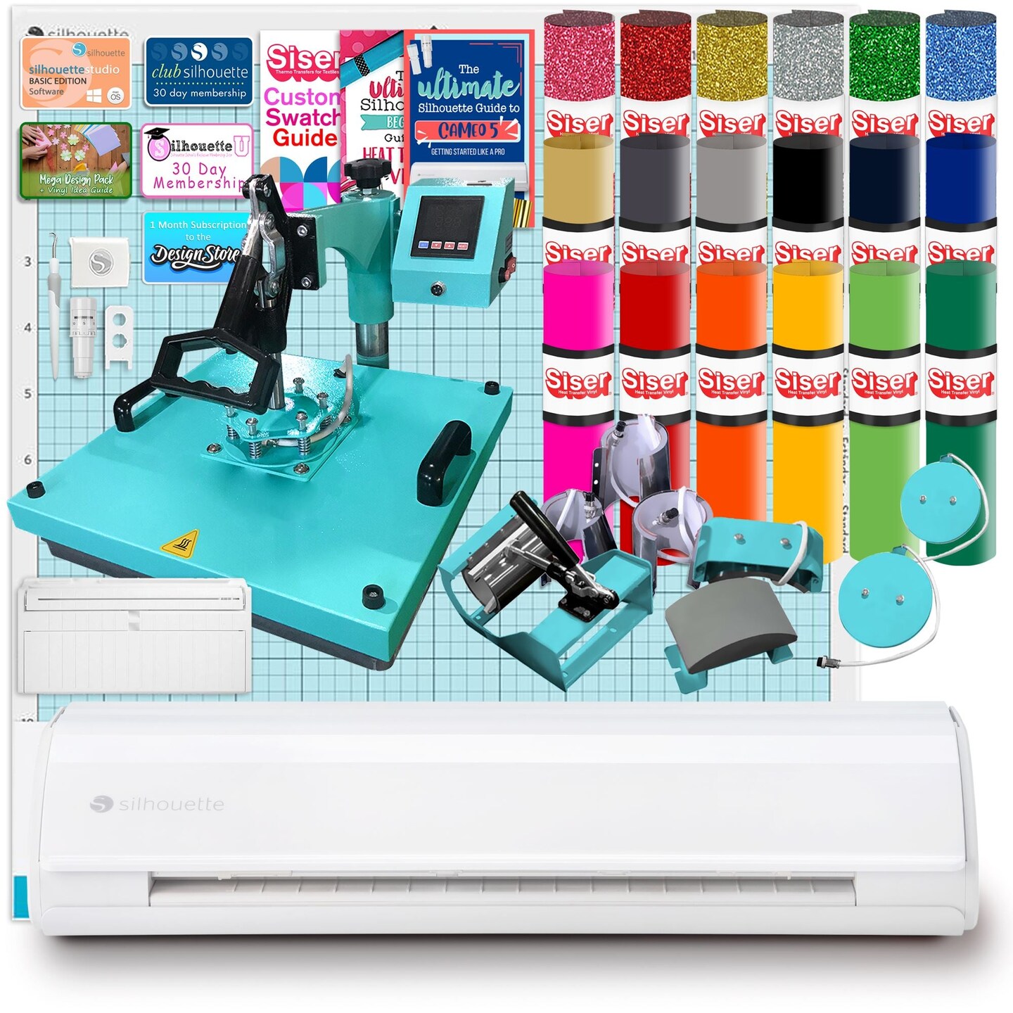 Silhouette White Cameo 5 w/ 8-in-1 Turquoise Heat Press &#x26; Siser HTV