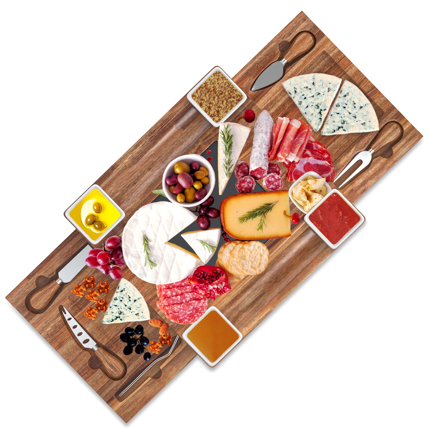 G Francis Square Acacia Wood Large Charcuterie Boards with Bowls and Knife Set