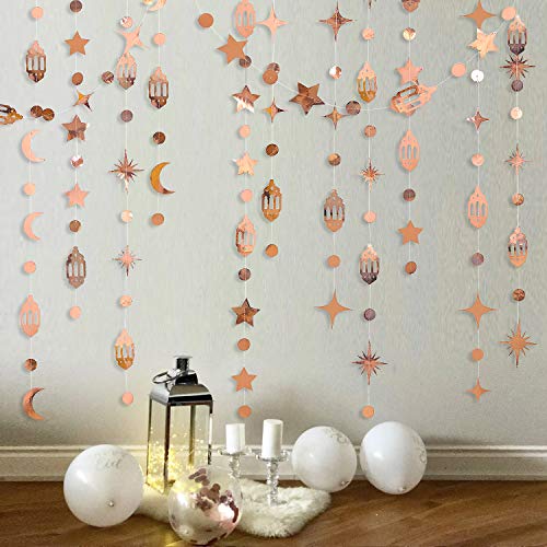 Rose Gold Eid Mubarak Ramadan Decorations Hanging Star Moon Circle Dot Crescent Lamp Garland Streamer Backdrop Banner Decorations for Home Happy Ramadan Islam Muslim Wedding Birthday Party